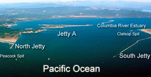 Diagram showing the three Jetties on the Columbia river estuary